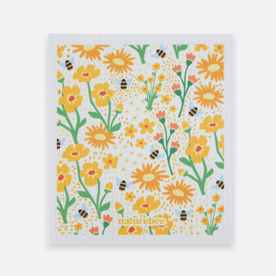 Reusable paper towel with yellow flowers and bees pattern on a white background
