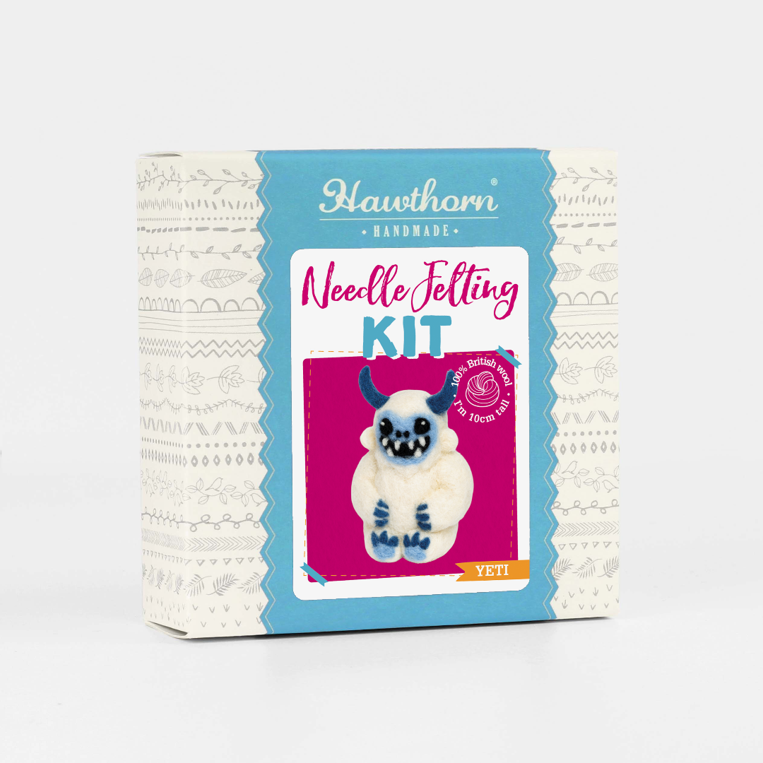 Hawthorn Handmade needle felting kit packaging with a yeti design on a white background