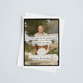 Birthday card with a photo of a man and humorous text on a light gray background