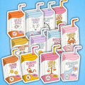 A set of die-cut stickers depicting cartoon juice boxes labeled with different zodiac signs, arranged on a light blue background.