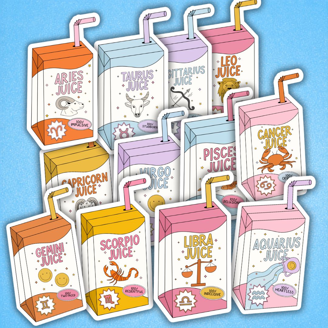 A set of die-cut stickers depicting cartoon juice boxes labeled with different zodiac signs, arranged on a light blue background.