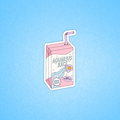 A die-cut sticker shaped like a pink juice carton with a straw, featuring the text 'AQUARIUS JUICE' and a whimsical blue wave illustration, shown on a light blue textured background.