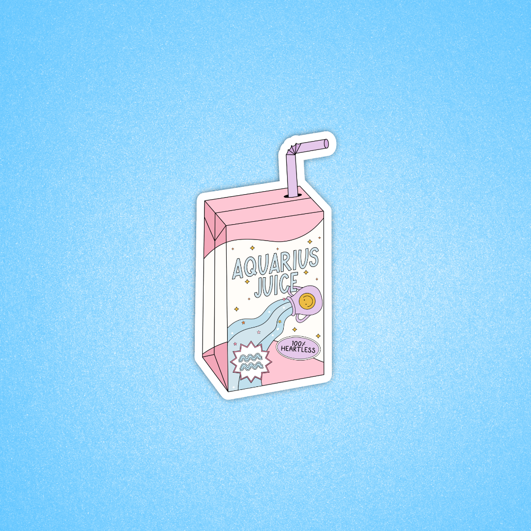 A die-cut sticker shaped like a pink juice carton with a straw, featuring the text 'AQUARIUS JUICE' and a whimsical blue wave illustration, shown on a light blue textured background.