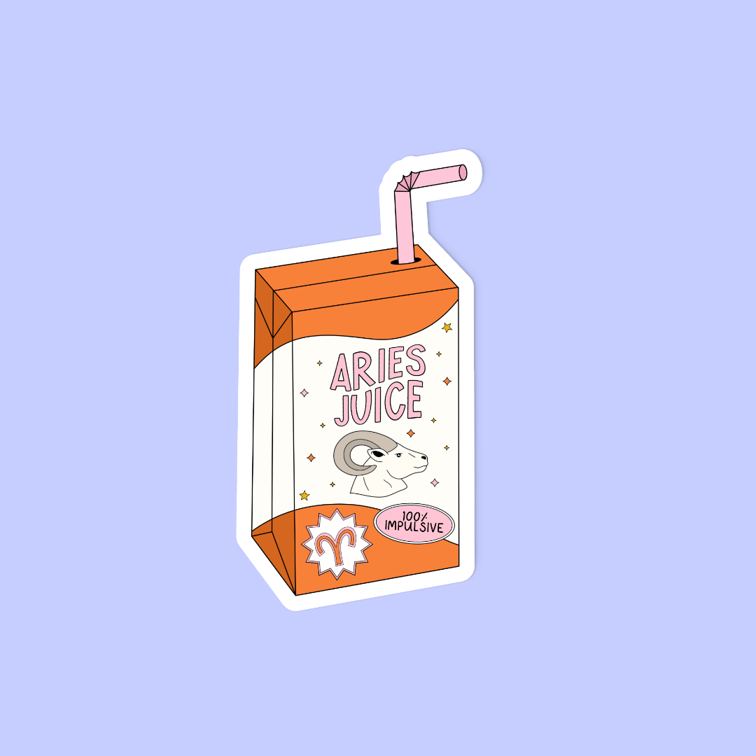 A die-cut sticker featuring a cute cartoon juice carton labeled 'ARIES JUICE' with a pink straw, shown on a solid light purple background.