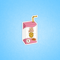 A die-cut sticker shaped like a pink juice carton with a yellow straw, featuring a cartoon lion face and the words 'LEO JUICE' on a light blue background.