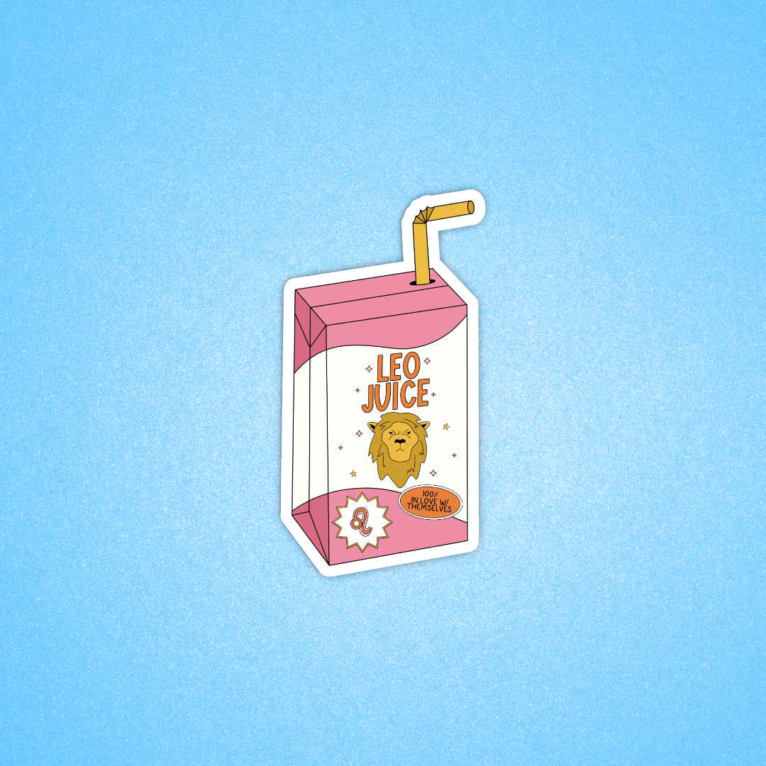A die-cut sticker shaped like a pink juice carton with a yellow straw, featuring a cartoon lion face and the words 'LEO JUICE' on a light blue background.