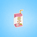 A die-cut sticker shaped like a pink juice carton with a yellow straw, featuring the words 'LIBRA JUICE' and a Libra zodiac symbol, shown on a light blue textured background.