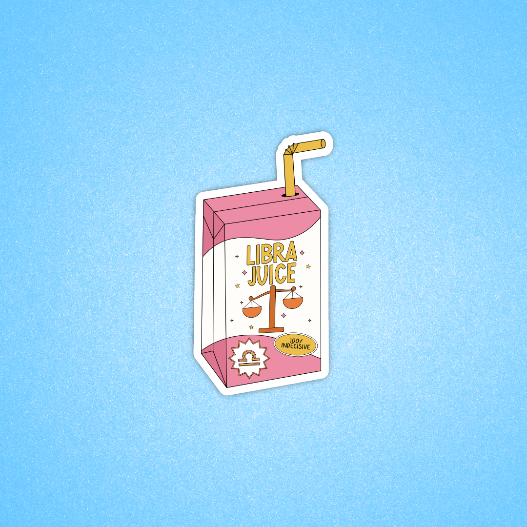 A die-cut sticker shaped like a pink juice carton with a yellow straw, featuring the words 'LIBRA JUICE' and a Libra zodiac symbol, shown on a light blue textured background.