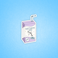 A die-cut sticker shaped like a milk carton labeled 'SAGITTARIUS JUICE' with a straw, shown on a light blue textured background. The carton is lavender and white with a black arrow graphic and small decorative stars.