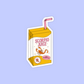 A die-cut sticker depicting a yellow juice box labeled 'SCORPIO JUICE' with a pink straw, on a light purple background.