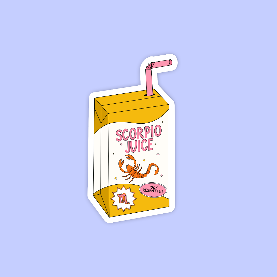A die-cut sticker depicting a yellow juice box labeled 'SCORPIO JUICE' with a pink straw, on a light purple background.