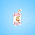 A die-cut sticker shaped like a pink juice carton with an orange straw and the words 'CANCER JUICE' on the front, shown on a light blue background.