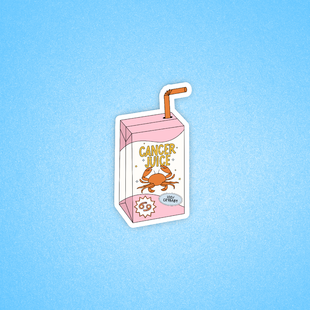A die-cut sticker shaped like a pink juice carton with an orange straw and the words 'CANCER JUICE' on the front, shown on a light blue background.