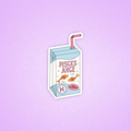 A die-cut sticker shaped like a milk carton labeled 'PISCES JUICE' with fish illustrations and a pink straw, centered on a light purple background.