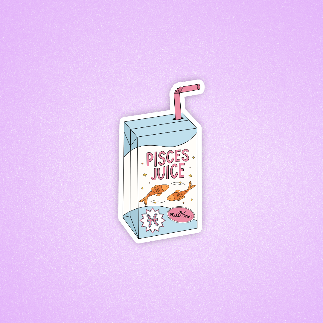 A die-cut sticker shaped like a milk carton labeled 'PISCES JUICE' with fish illustrations and a pink straw, centered on a light purple background.