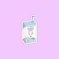 A die-cut sticker depicting a light blue and white milk carton labeled 'TAURUS JUICE' with a cartoon deer illustration, a purple straw, and a pink starburst seal, shown on a solid lavender background.