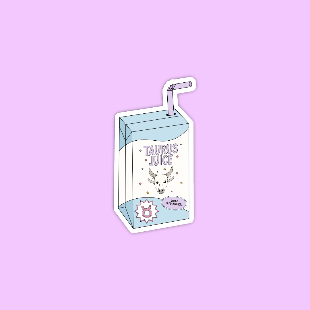A die-cut sticker depicting a light blue and white milk carton labeled 'TAURUS JUICE' with a cartoon deer illustration, a purple straw, and a pink starburst seal, shown on a solid lavender background.