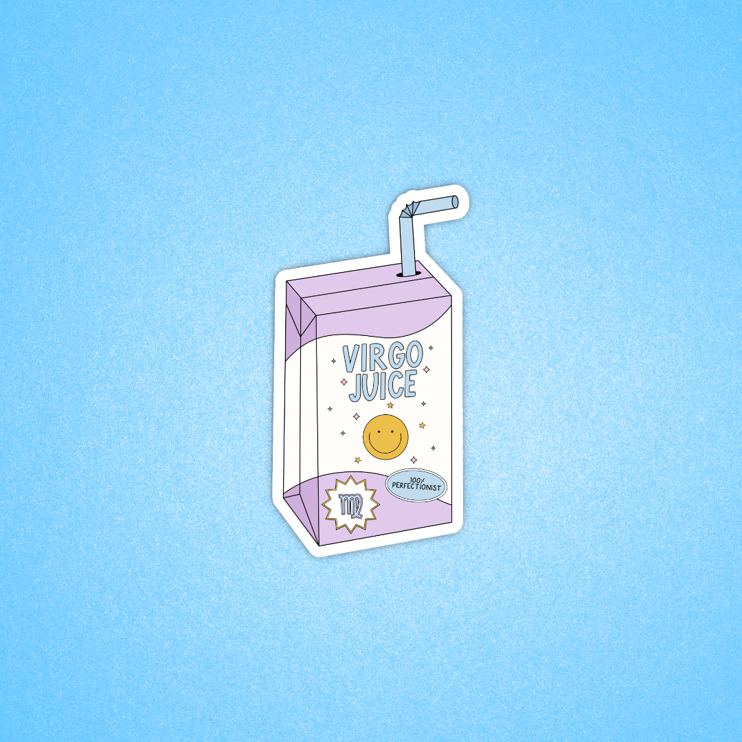 A die-cut vinyl sticker shaped like a milk carton labeled 'VIRGO JUICE' on a light blue textured background. The carton is pale pink and white with a small yellow smiley face and a white straw.