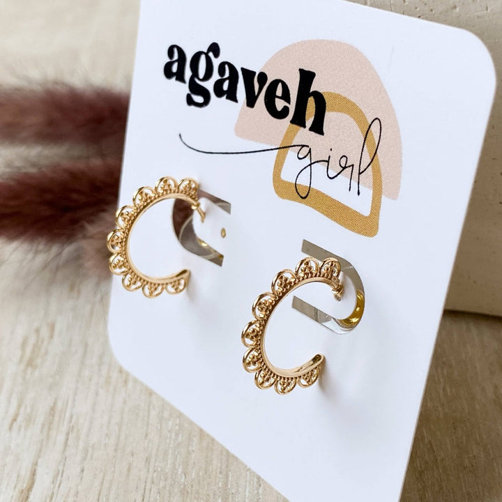 Gold Lace Hoops, gold hoop earrings with a lace like design around the hoop, with a post for easy wear.
