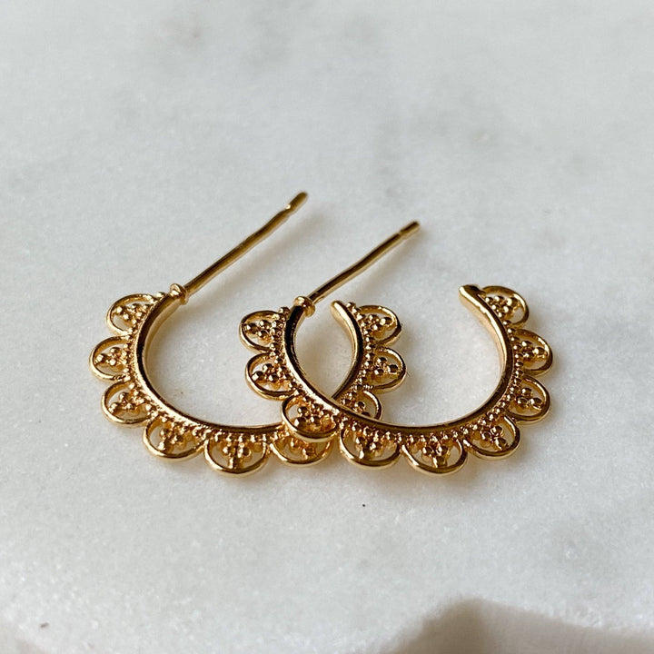 Gold Lace Hoops, gold hoop earrings with a lace like design around the hoop, with a post for easy wear.