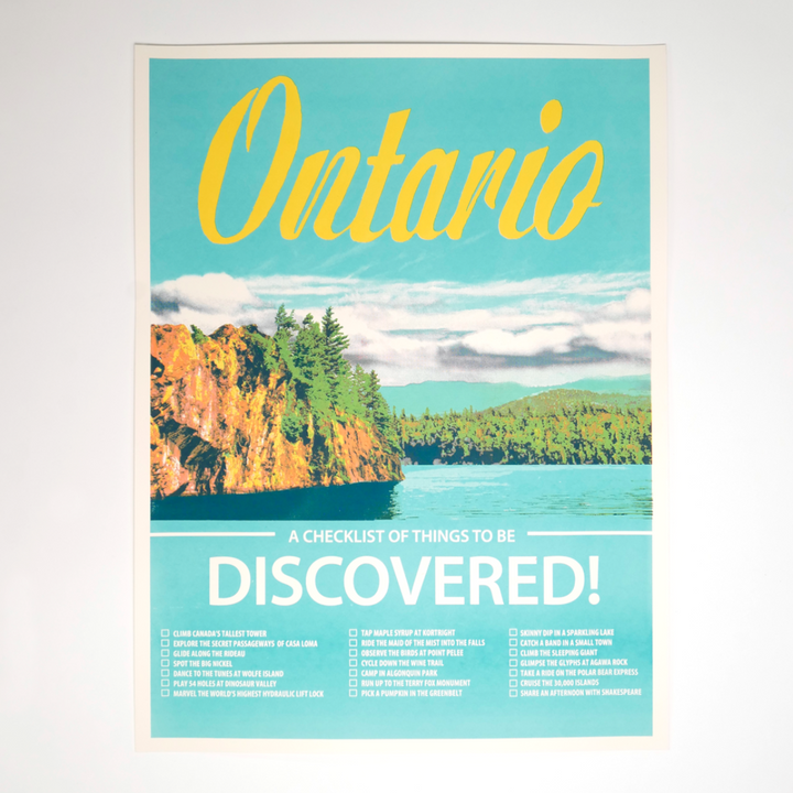 Ontario Discovered Poster: A poster of a lake with forest landscape, reading Ontario A checklist of things to be discovered.