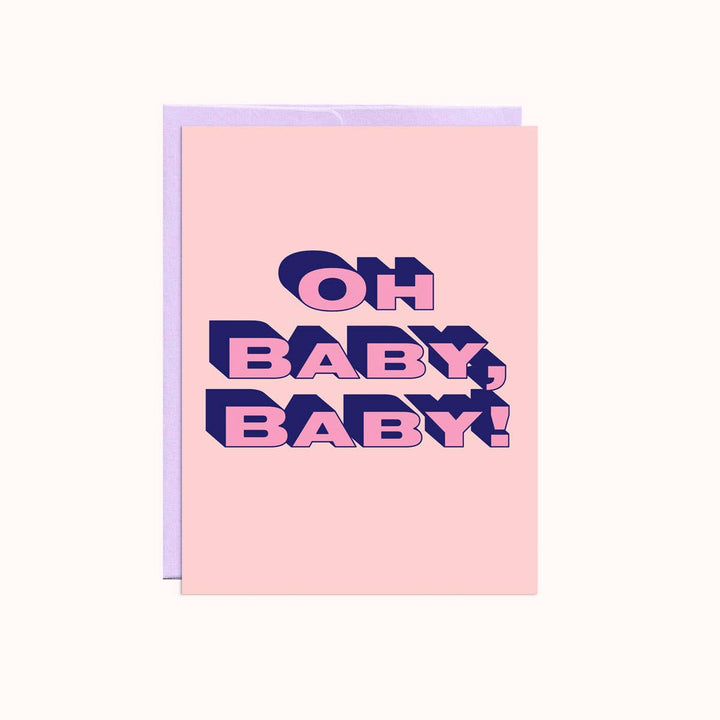 A pink greeting card with a light purple envelope. The card features the text 
