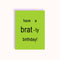 A bright green square card with a purple envelope. The card has the text 