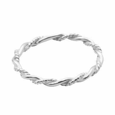 A silver ring with a twisted, rope-like design.