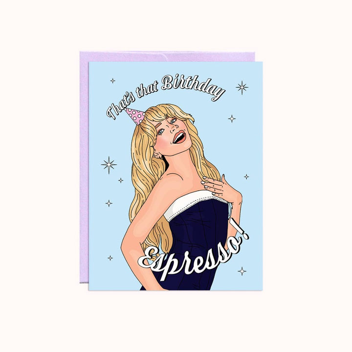 Birthday Espresso! Birthday Card, a blue birthday card with an illustration of Sabrina Carpenter that reads 