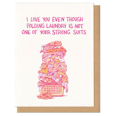 Card with laundry basket illustration and text on a white background