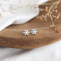 Silver snowflake earrings on a wooden surface with dried flowers.