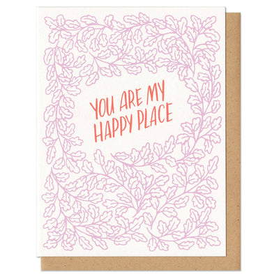 Greeting card with pink floral border and 'You are my happy place' text on a white background