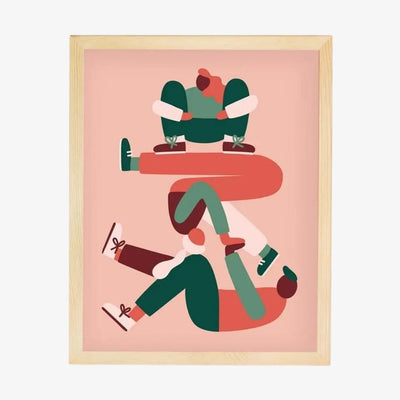 a pink poster with abstract people that are stacked on top of each other in different poses