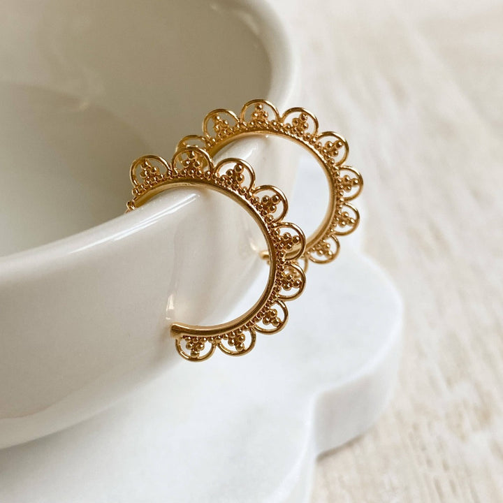 Gold Lace Hoops, gold hoop earrings with a lace like design around the hoop, with a post for easy wear.