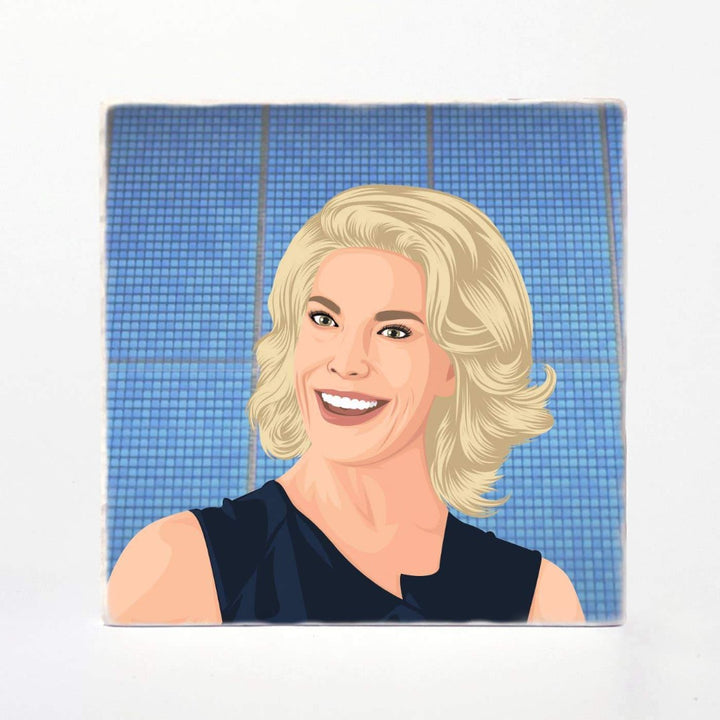A ceramic coaster with Rebecca from Ted Lasso on it.