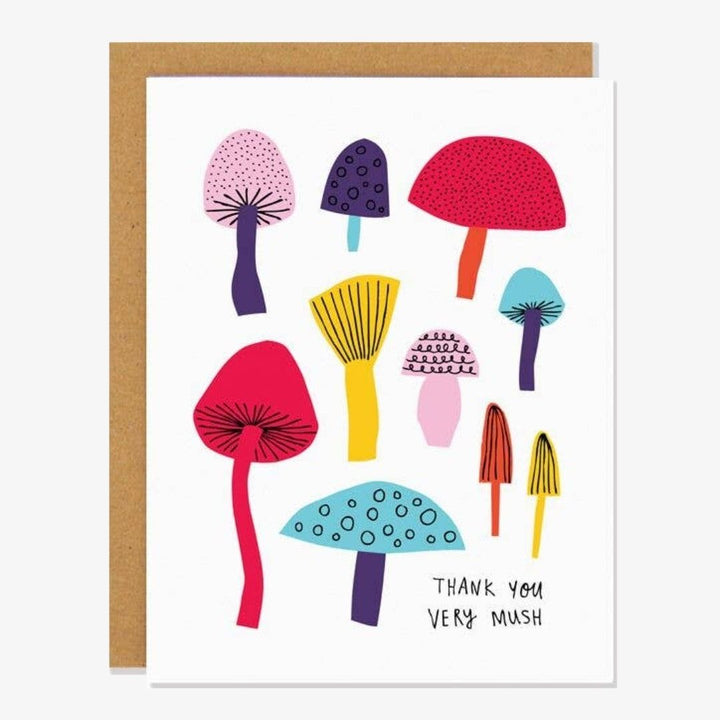 A white card with different coloured mushrooms and quote 