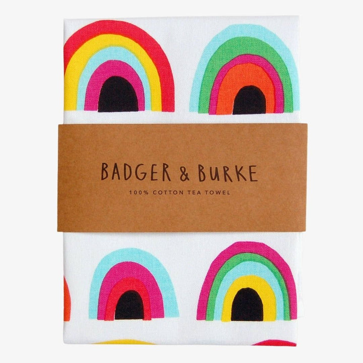 A white background and rainbow tea towel