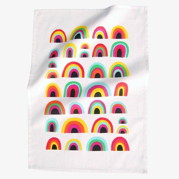 A white background and rainbow tea towel