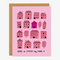 A pink card with dark pink houses and reads Home is where my mom is.