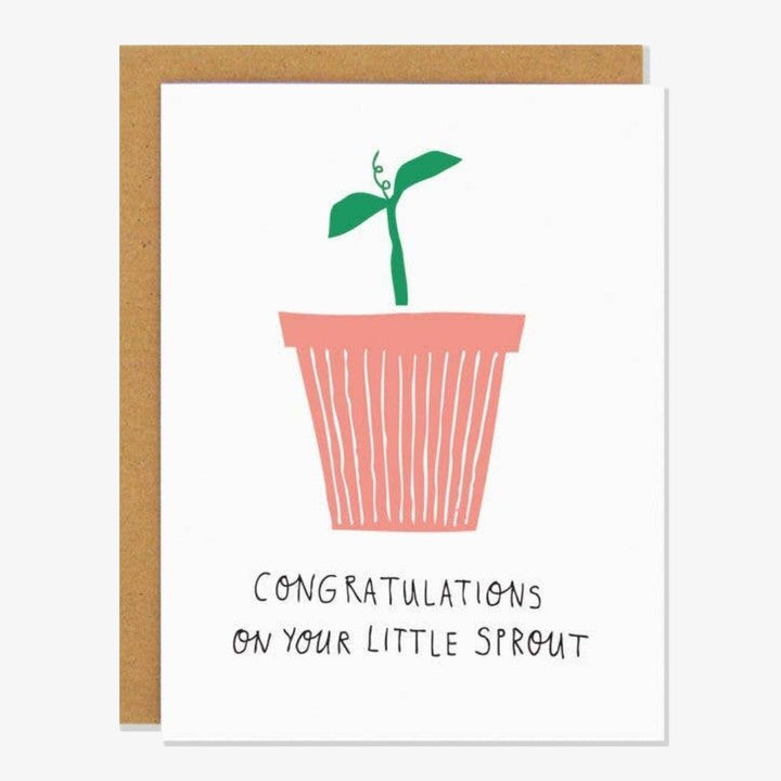 A white card with a little green plant in pink pot and quote 