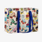 A large tote bag with a playful roller skate pattern. The bag is white with a variety of colorful roller skates printed all over it. The skates are in different styles and colors, and some have laces while others have buckles. The bag has blue handles.