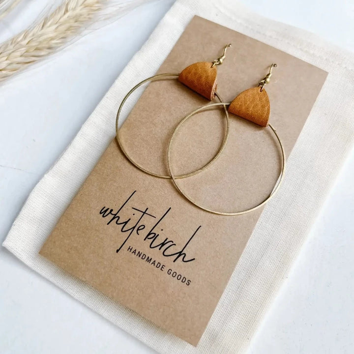 Camel Leather & Brass Circle Earrings