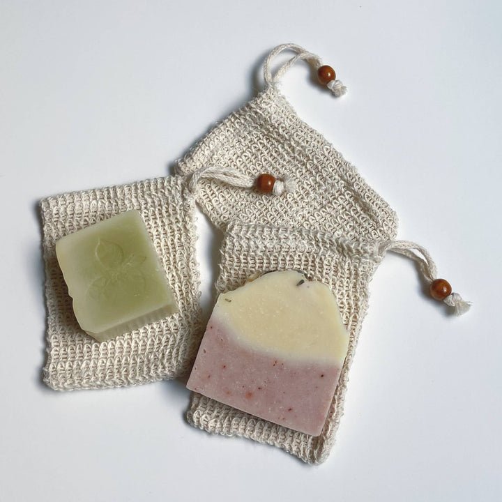 3 Sisal Soap Bags with soap on top