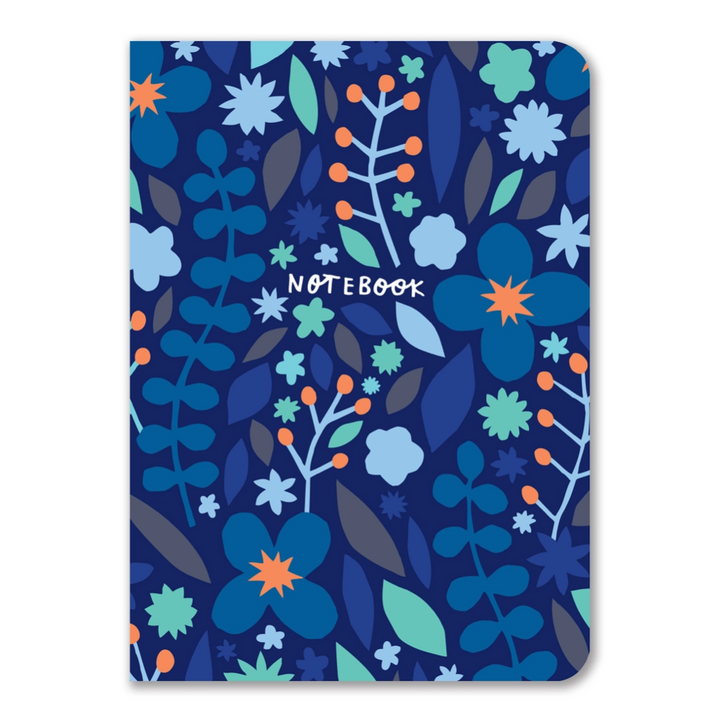 A blue notebook with flowers and plants in many shades of blue and pops of orange. The words notebook are written in white.