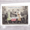 a vintage picture with two men and three women at a bar and the women's dresses are the only coloured part of the picture and the card says congrats on your divorce (we hated him)