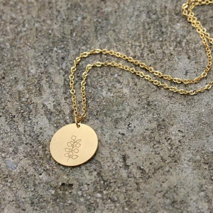 Eucalyptus Botanical Stamped Gold Round Dainty Necklace by Vintage Acorn